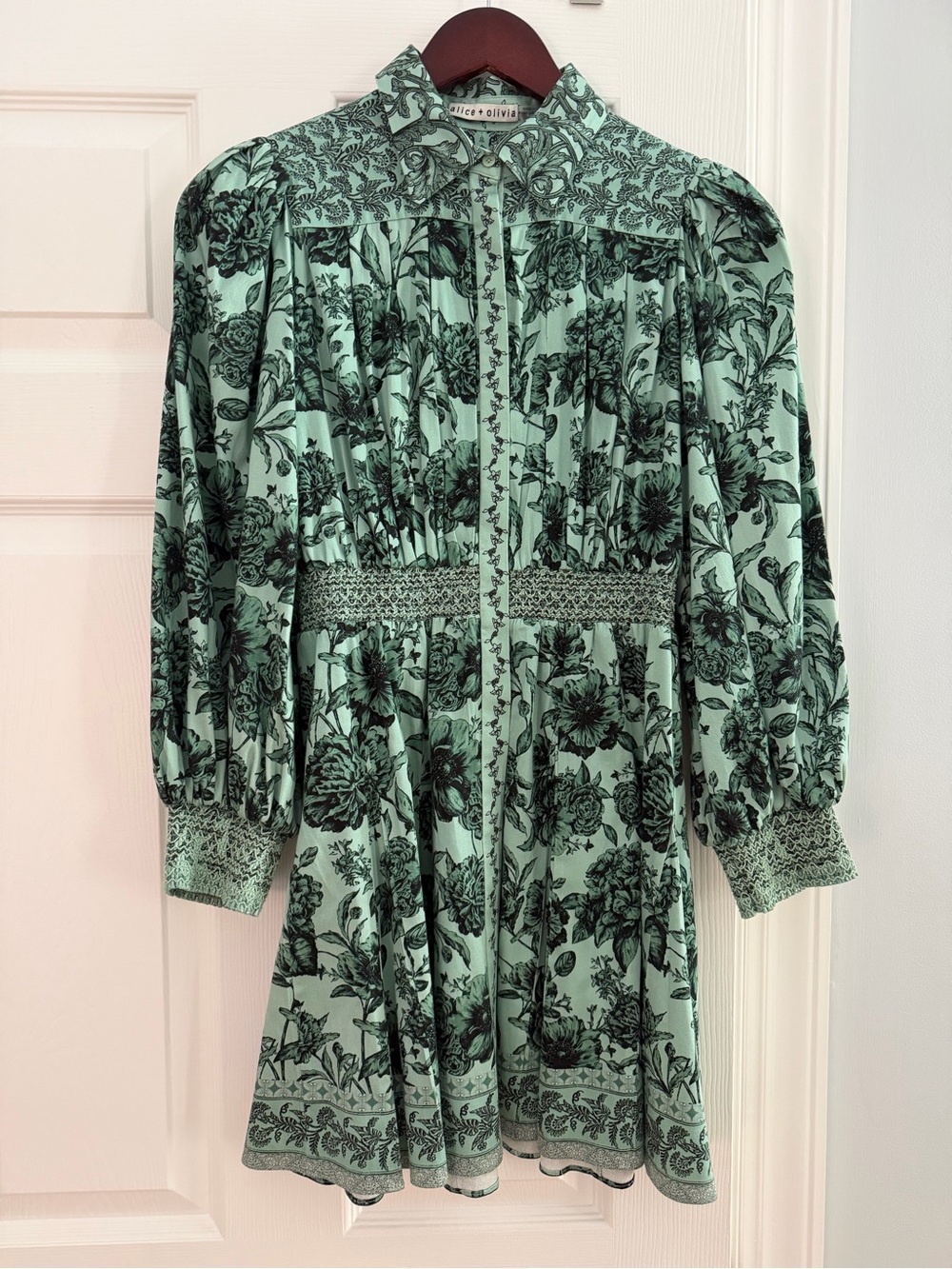 Alice + Olivia Mint Green and Black Floral Puff-Sleeve Mini Dress with Sash Belt
